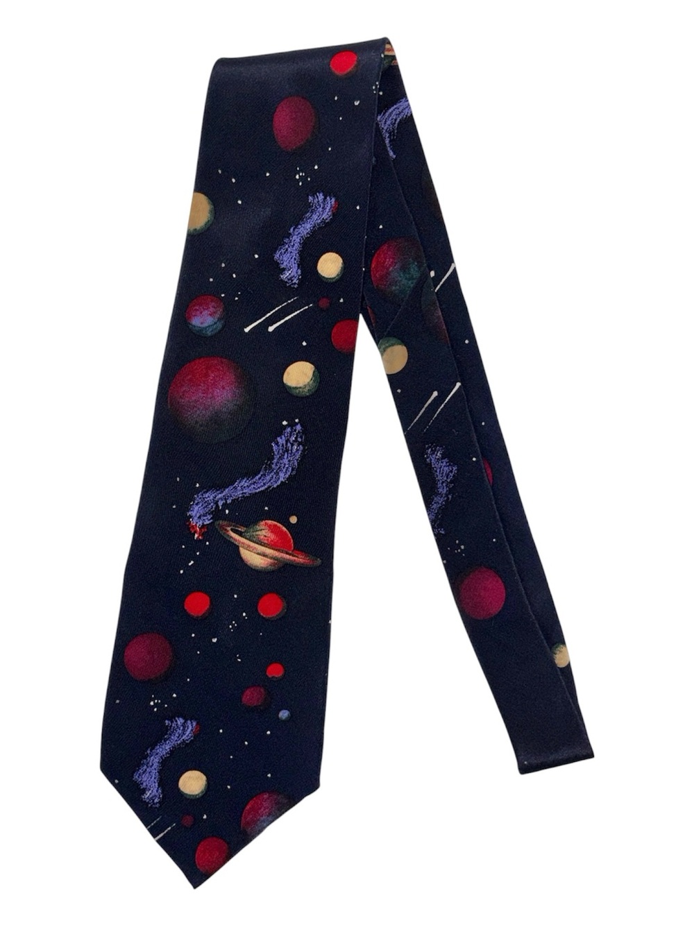 Je Suis Universe Plants Space Print 100% Silk Neck Tie in Navy and Red.